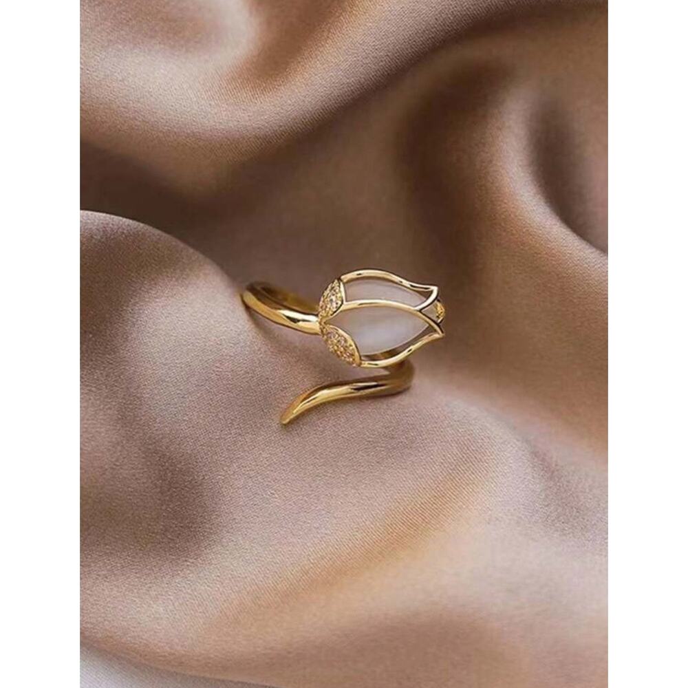 Tulip Rose Flower Design Inlaid Cat's Eye Style Stone Adjustable Open Ring
